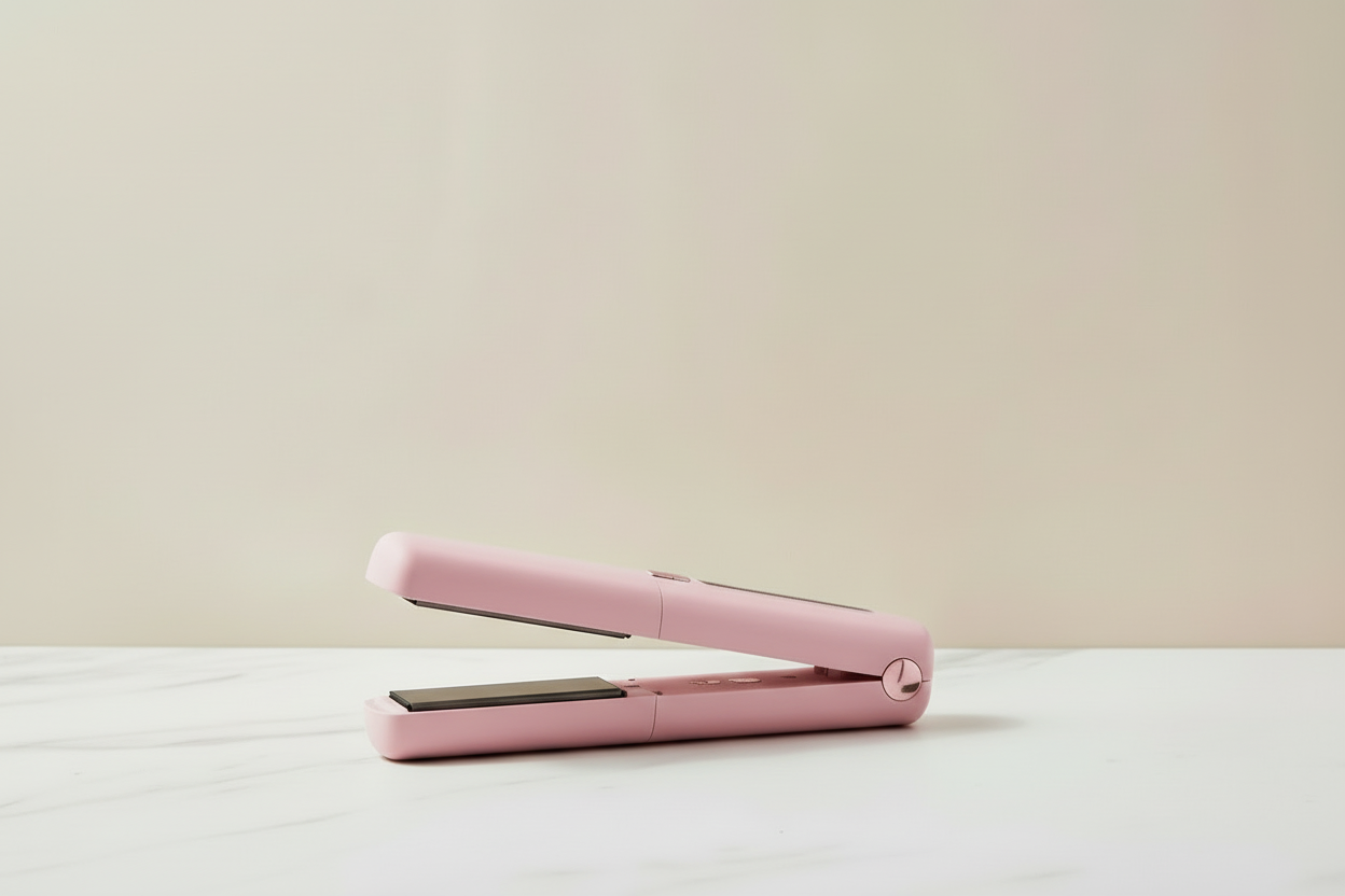 Pink hair straightener with digital display and two black hair tools on a white background